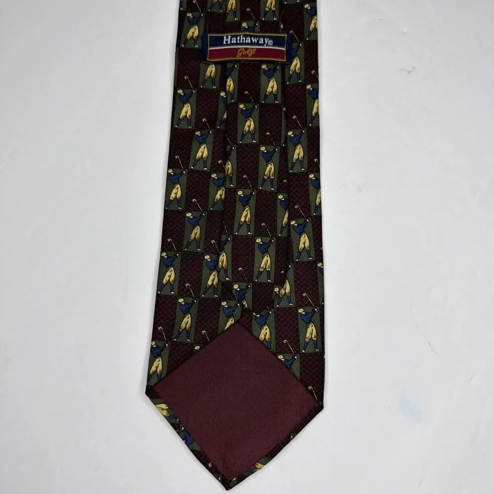 Hathaway Golf Silk Tie Burgundy Classic Vintage Novelty Necktie USA Gift